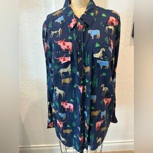 Navy Blue Farm Animal Print Western  Shirt